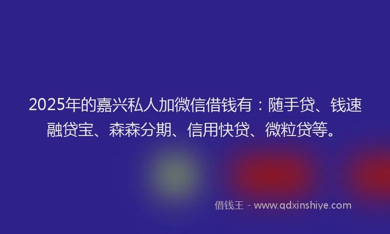 2025年的嘉兴私人加微信借钱有：随手贷、钱速融贷宝、森森分期、信用快贷、微粒贷等。