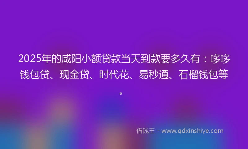 2025年的咸阳小额贷款当天到款要多久有：哆哆钱包贷、现金贷、时代花、易秒通、石榴钱包等。