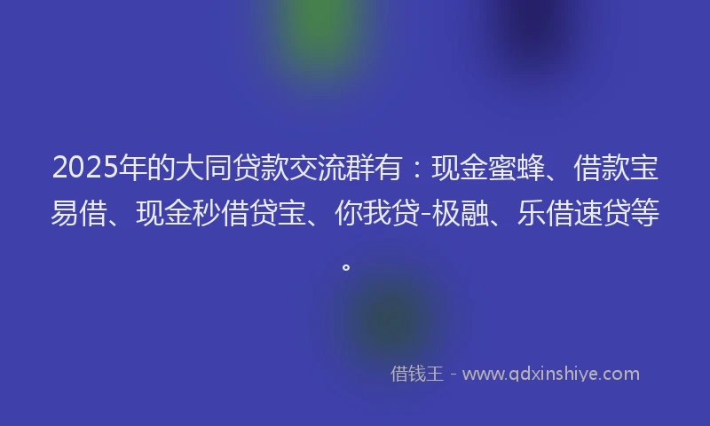 2025年的大同贷款交流群有：现金蜜蜂、借款宝易借、现金秒借贷宝、你我贷-极融、乐借速贷等。