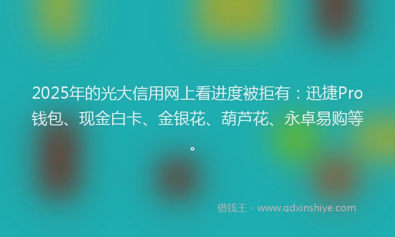2025年的光大信用网上看进度被拒有：迅捷Pro钱包、现金白卡、金银花、葫芦花、永卓易购等。