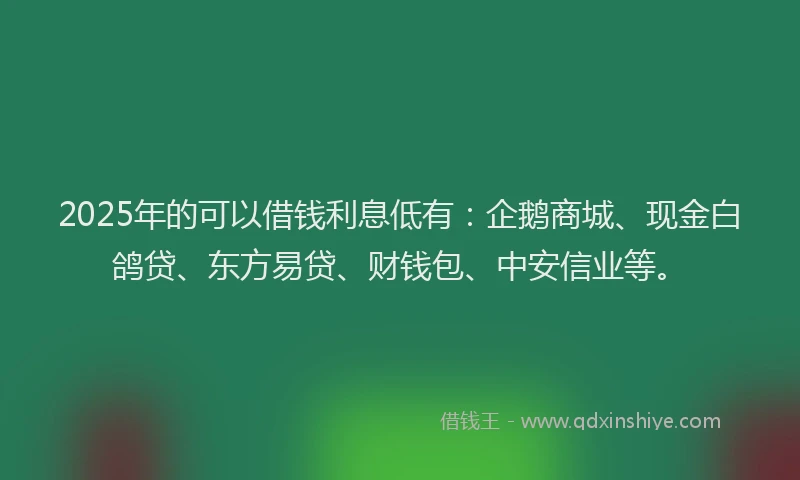 2025年的可以借钱利息低有：企鹅商城、现金白鸽贷、东方易贷、财钱包、中安信业等。