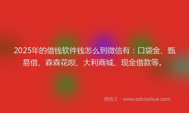 2025年的借钱软件钱怎么到微信有：口袋金、甄易借、森森花呗、大利商城、现金借款等。