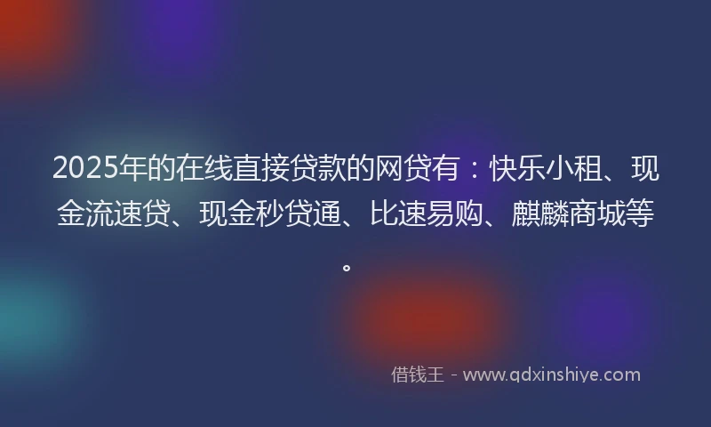2025年的在线直接贷款的网贷有：快乐小租、现金流速贷、现金秒贷通、比速易购、麒麟商城等。