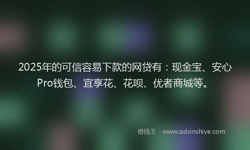 2025年的可信容易下款的网贷有：现金宝、安心Pro钱包、宜享花、花呗、优者商城等。