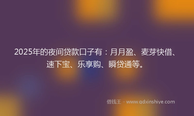 2025年的夜间贷款口子有：月月盈、麦芽快借、速下宝、乐享购、瞬贷通等。