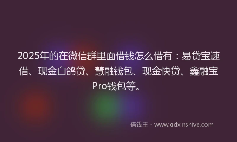 2025年的在微信群里面借钱怎么借有：易贷宝速借、现金白鸽贷、慧融钱包、现金快贷、鑫融宝Pro钱包等。