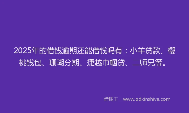 2025年的借钱逾期还能借钱吗有：小羊贷款、樱桃钱包、珊瑚分期、捷越巾帼贷、二师兄等。