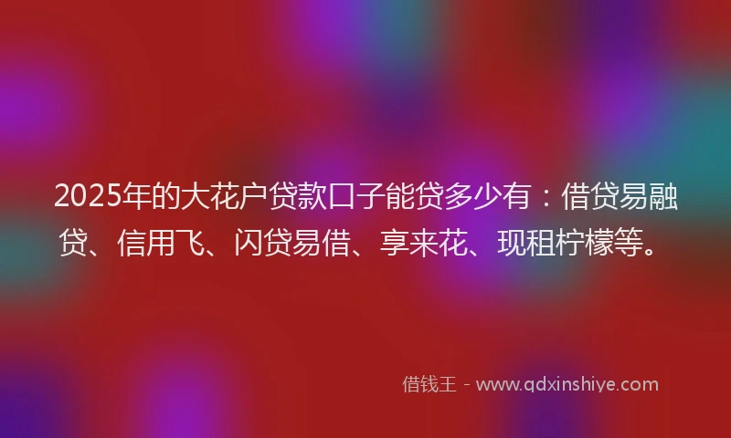 2025年的大花户贷款口子能贷多少有：借贷易融贷、信用飞、闪贷易借、享来花、现租柠檬等。