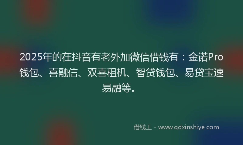 2025年的在抖音有老外加微信借钱有：金诺Pro钱包、喜融信、双喜租机、智贷钱包、易贷宝速易融等。