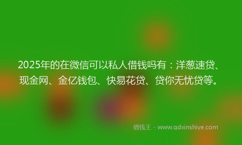 2025年的在微信可以私人借钱吗有：洋葱速贷、现金网、金亿钱包、快易花贷、贷你无忧贷等。