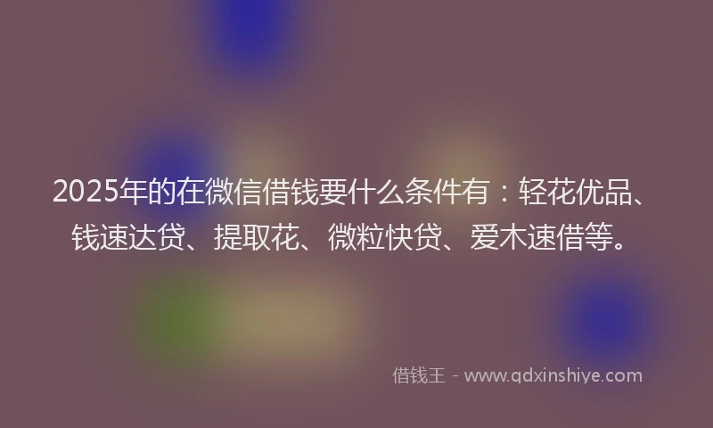 2025年的在微信借钱要什么条件有：轻花优品、钱速达贷、提取花、微粒快贷、爱木速借等。