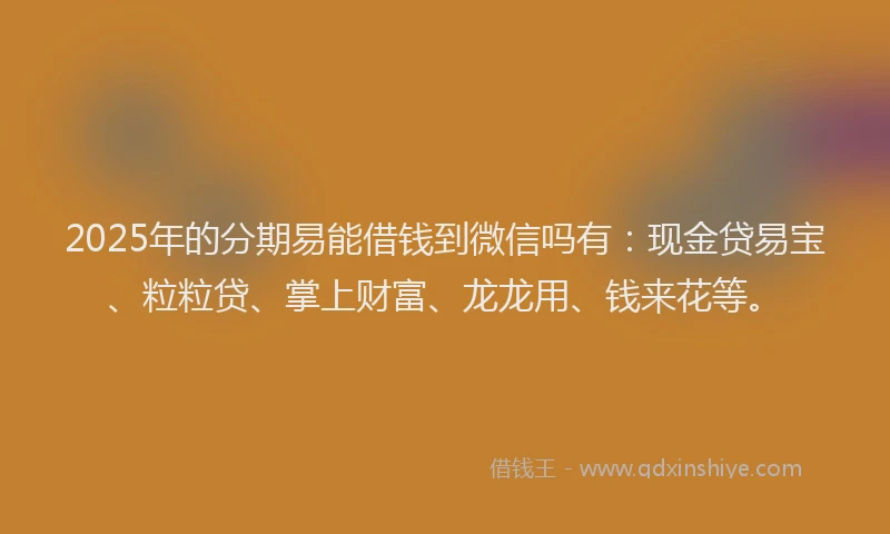 2025年的分期易能借钱到微信吗有：现金贷易宝、粒粒贷、掌上财富、龙龙用、钱来花等。