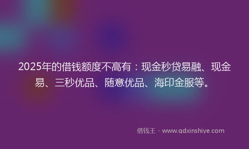 2025年的借钱额度不高有：现金秒贷易融、现金易、三秒优品、随意优品、海印金服等。