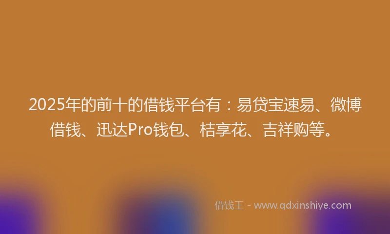 2025年的前十的借钱平台有：易贷宝速易、微博借钱、迅达Pro钱包、桔享花、吉祥购等。