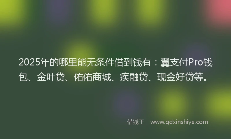 2025年的哪里能无条件借到钱有：翼支付Pro钱包、金叶贷、佑佑商城、疾融贷、现金好贷等。