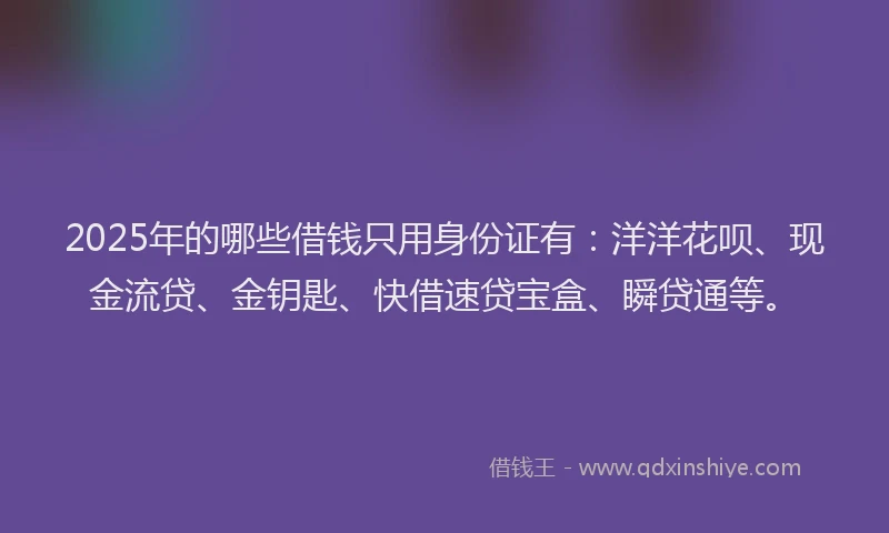 2025年的哪些借钱只用身份证有：洋洋花呗、现金流贷、金钥匙、快借速贷宝盒、瞬贷通等。