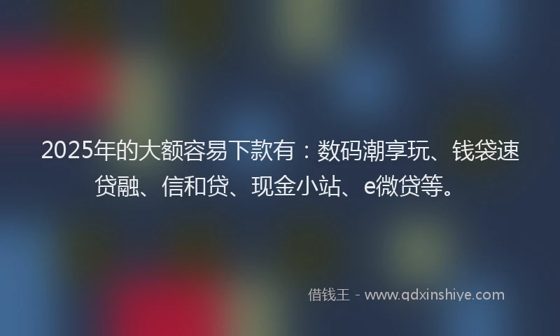 2025年的大额容易下款有：数码潮享玩、钱袋速贷融、信和贷、现金小站、e微贷等。