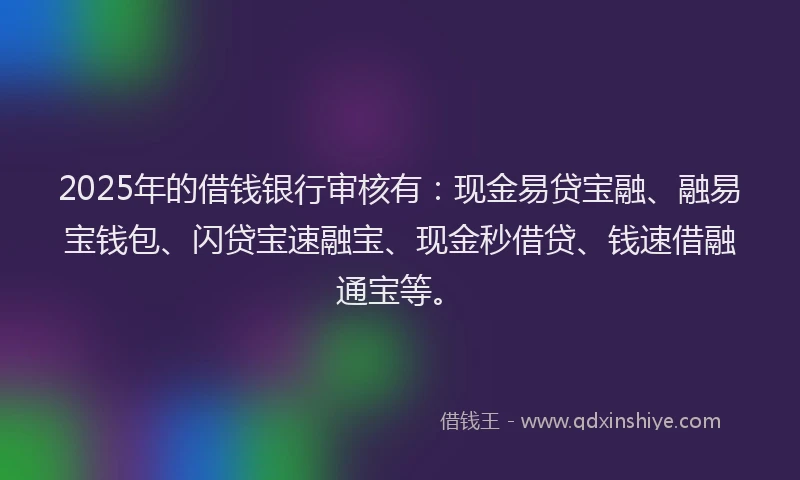 2025年的借钱银行审核有：现金易贷宝融、融易宝钱包、闪贷宝速融宝、现金秒借贷、钱速借融通宝等。