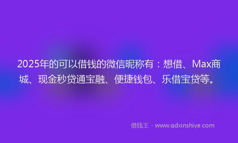 2025年的可以借钱的微信昵称有：想借、Max商城、现金秒贷通宝融、便捷钱包、乐借宝贷等。