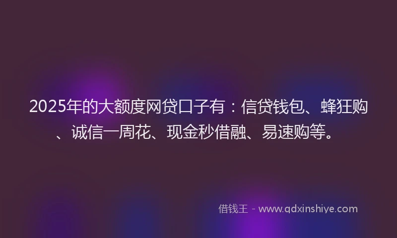 2025年的大额度网贷口子有：信贷钱包、蜂狂购、诚信一周花、现金秒借融、易速购等。