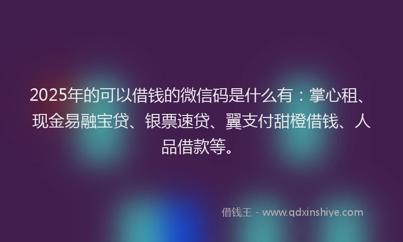 2025年的可以借钱的微信码是什么有：掌心租、现金易融宝贷、银票速贷、翼支付甜橙借钱、人品借款等。