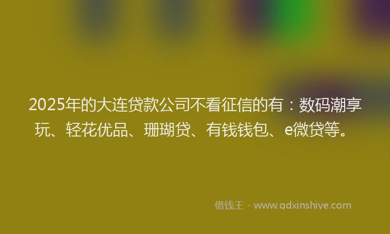 2025年的大连贷款公司不看征信的有：数码潮享玩、轻花优品、珊瑚贷、有钱钱包、e微贷等。