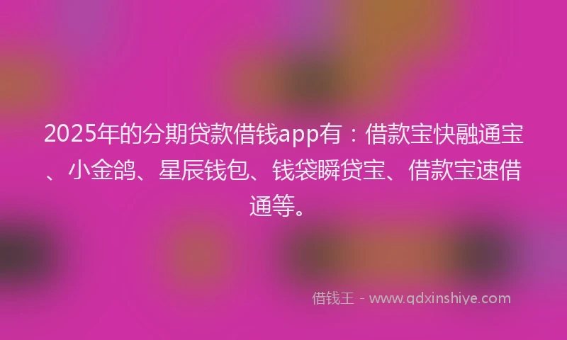 2025年的分期贷款借钱app有：借款宝快融通宝、小金鸽、星辰钱包、钱袋瞬贷宝、借款宝速借通等。