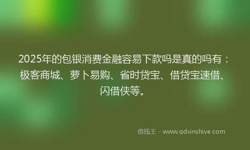 2025年的包银消费金融容易下款吗是真的吗有：极客商城、萝卜易购、省时贷宝、借贷宝速借、闪借侠等。