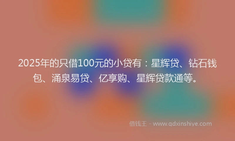 2025年的只借100元的小贷有：星辉贷、钻石钱包、涌泉易贷、亿享购、星辉贷款通等。