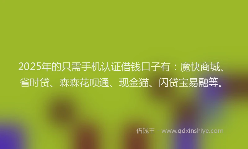 2025年的只需手机认证借钱口子有：魔快商城、省时贷、森森花呗通、现金猫、闪贷宝易融等。