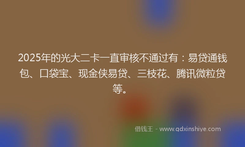2025年的光大二卡一直审核不通过有：易贷通钱包、口袋宝、现金侠易贷、三枝花、腾讯微粒贷等。