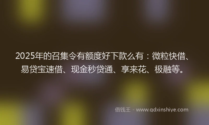 2025年的召集令有额度好下款么有：微粒快借、易贷宝速借、现金秒贷通、享来花、极融等。