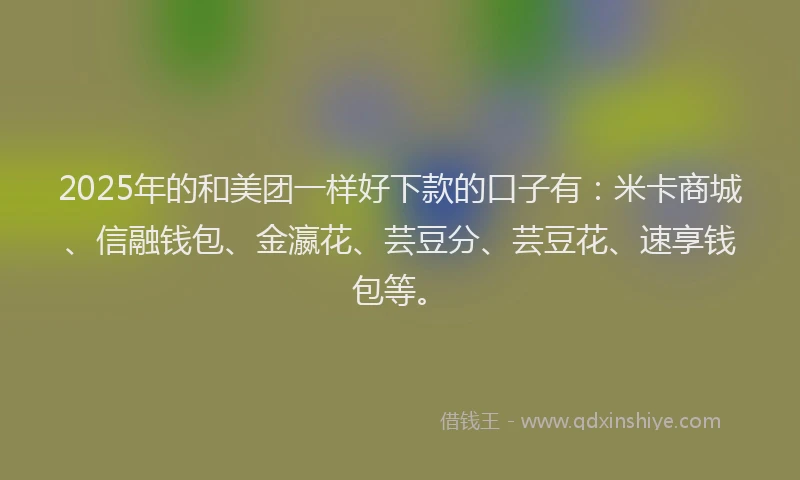 2025年的和美团一样好下款的口子有：米卡商城、信融钱包、金瀛花、芸豆分、芸豆花、速享钱包等。