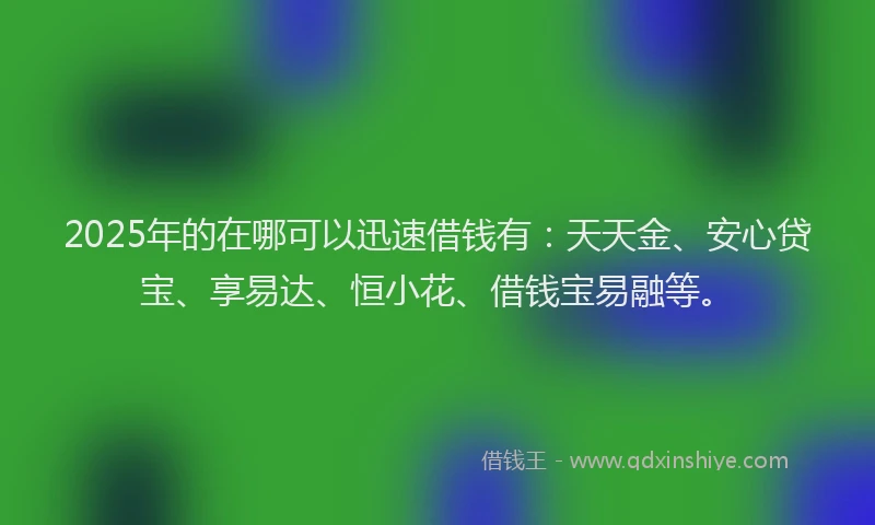 2025年的在哪可以迅速借钱有：天天金、安心贷宝、享易达、恒小花、借钱宝易融等。