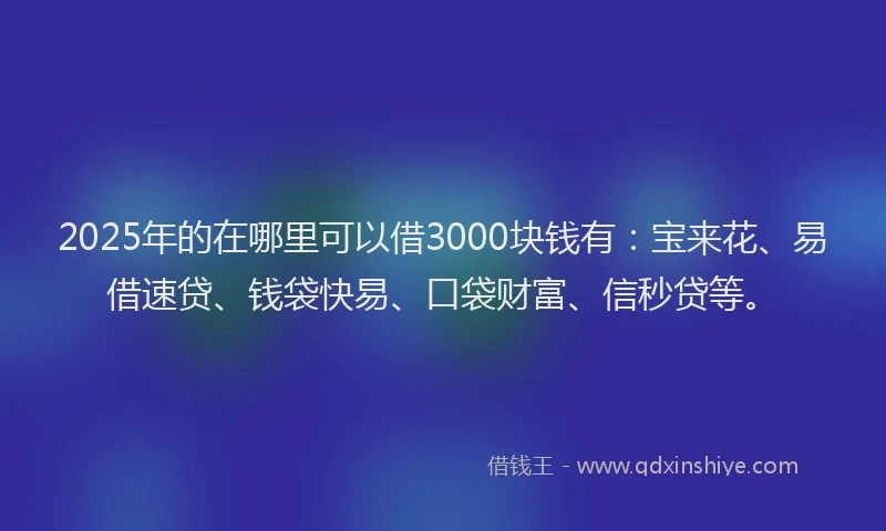 2025年的在哪里可以借3000块钱有：宝来花、易借速贷、钱袋快易、口袋财富、信秒贷等。