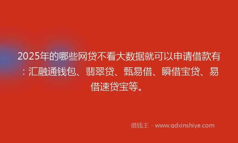 2025年的哪些网贷不看大数据就可以申请借款有：汇融通钱包、翡翠贷、甄易借、瞬借宝贷、易借速贷宝等。