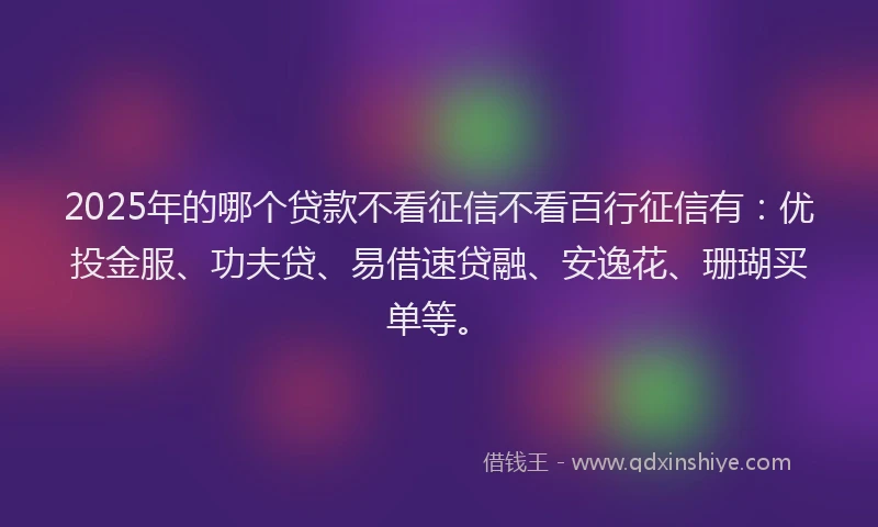 2025年的哪个贷款不看征信不看百行征信有：优投金服、功夫贷、易借速贷融、安逸花、珊瑚买单等。