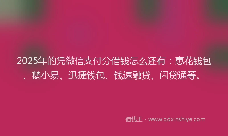 2025年的凭微信支付分借钱怎么还有：惠花钱包、鹅小易、迅捷钱包、钱速融贷、闪贷通等。