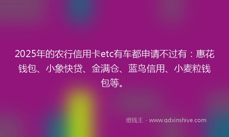 2025年的农行信用卡etc有车都申请不过有：惠花钱包、小象快贷、金满仓、蓝鸟信用、小麦粒钱包等。