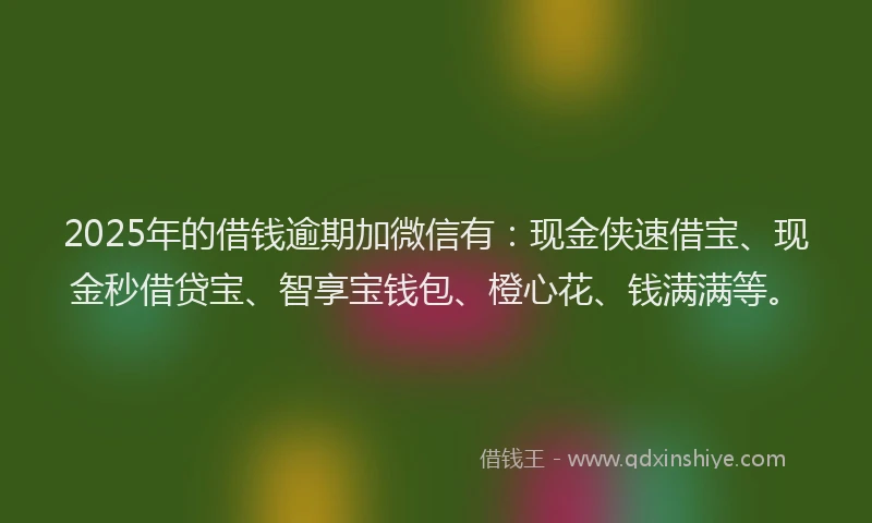 2025年的借钱逾期加微信有：现金侠速借宝、现金秒借贷宝、智享宝钱包、橙心花、钱满满等。