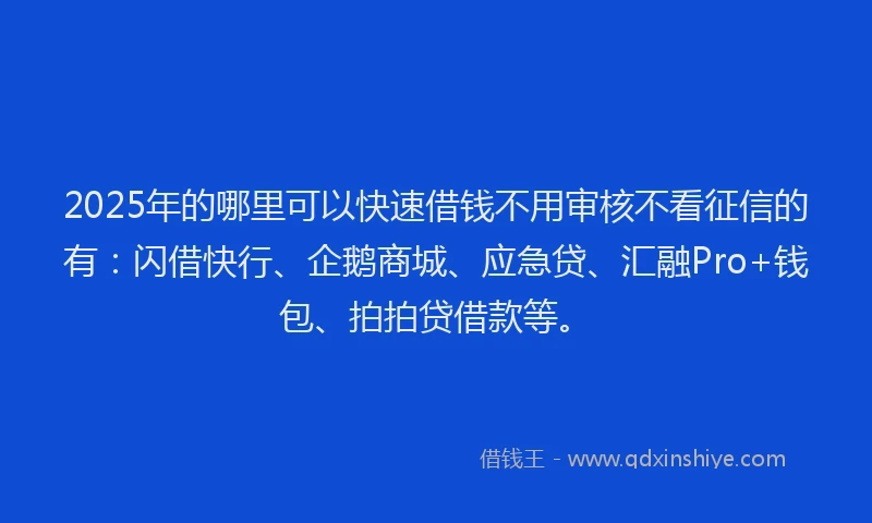 2025年的哪里可以快速借钱不用审核不看征信的有：闪借快行、企鹅商城、应急贷、汇融Pro+钱包、拍拍贷借款等。