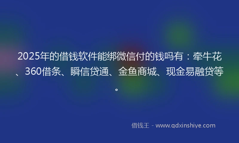 2025年的借钱软件能绑微信付的钱吗有：牵牛花、360借条、瞬信贷通、金鱼商城、现金易融贷等。