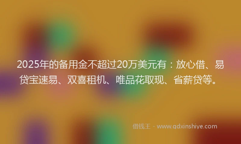 2025年的备用金不超过20万美元有：放心借、易贷宝速易、双喜租机、唯品花取现、省薪贷等。