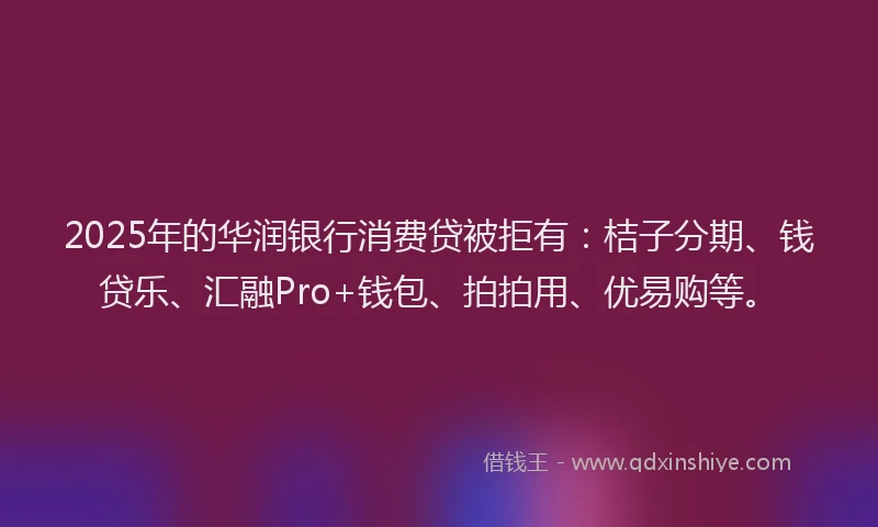 2025年的华润银行消费贷被拒有：桔子分期、钱贷乐、汇融Pro+钱包、拍拍用、优易购等。
