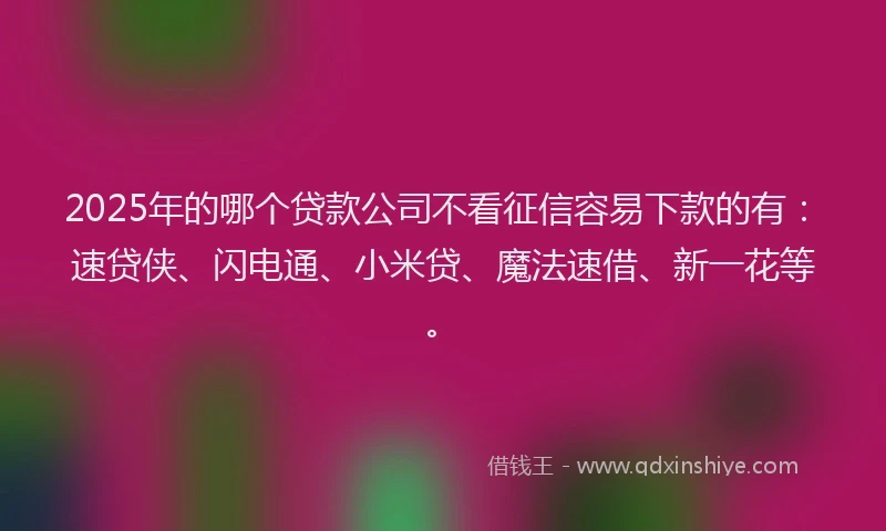 2025年的哪个贷款公司不看征信容易下款的有：速贷侠、闪电通、小米贷、魔法速借、新一花等。