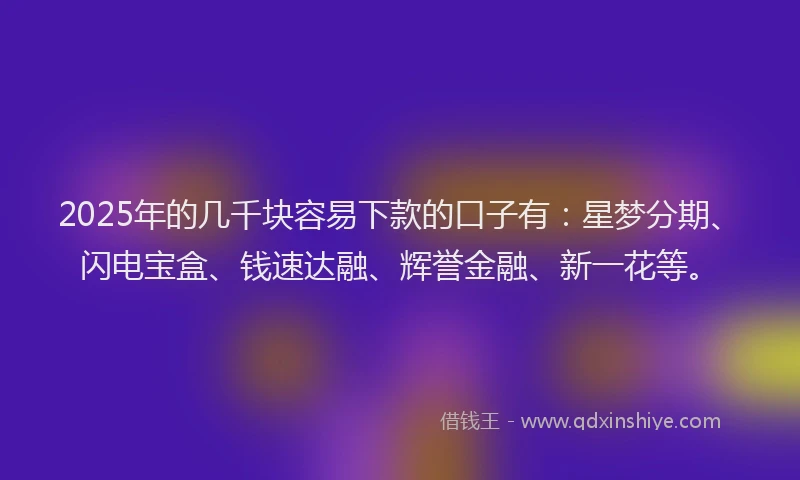 2025年的几千块容易下款的口子有：星梦分期、闪电宝盒、钱速达融、辉誉金融、新一花等。