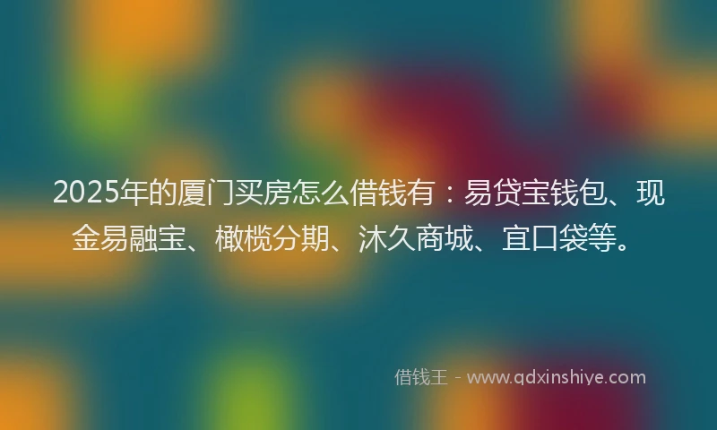 2025年的厦门买房怎么借钱有：易贷宝钱包、现金易融宝、橄榄分期、沐久商城、宜口袋等。