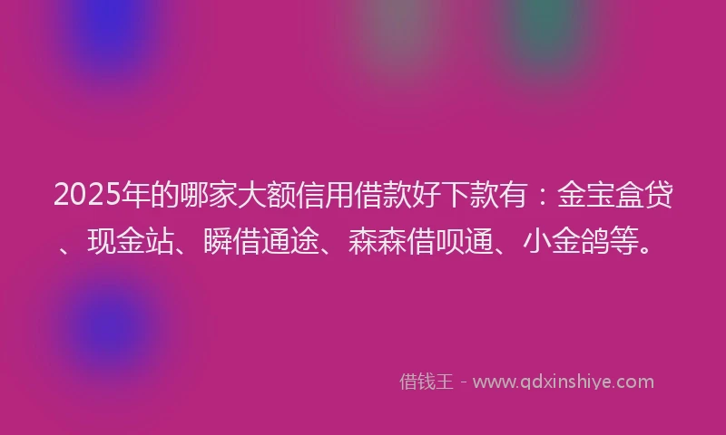 2025年的哪家大额信用借款好下款有：金宝盒贷、现金站、瞬借通途、森森借呗通、小金鸽等。