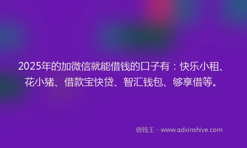 2025年的加微信就能借钱的口子有：快乐小租、花小猪、借款宝快贷、智汇钱包、够享借等。