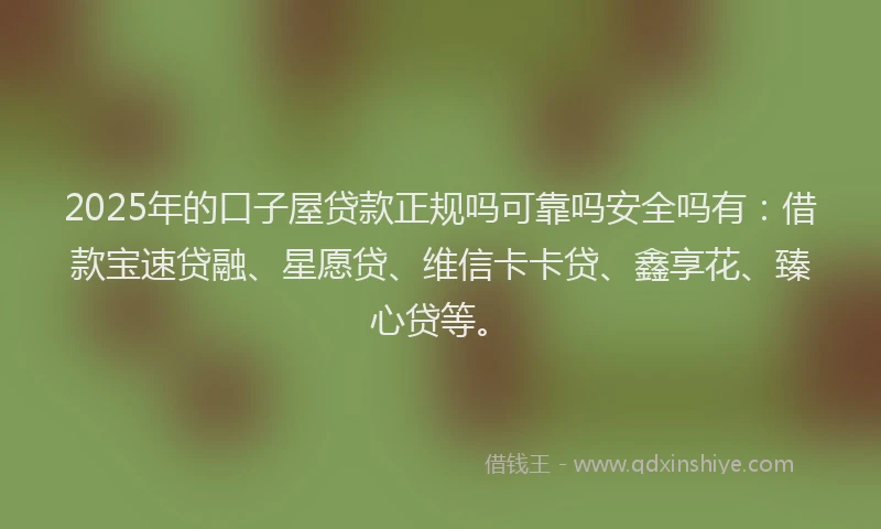 2025年的口子屋贷款正规吗可靠吗安全吗有：借款宝速贷融、星愿贷、维信卡卡贷、鑫享花、臻心贷等。